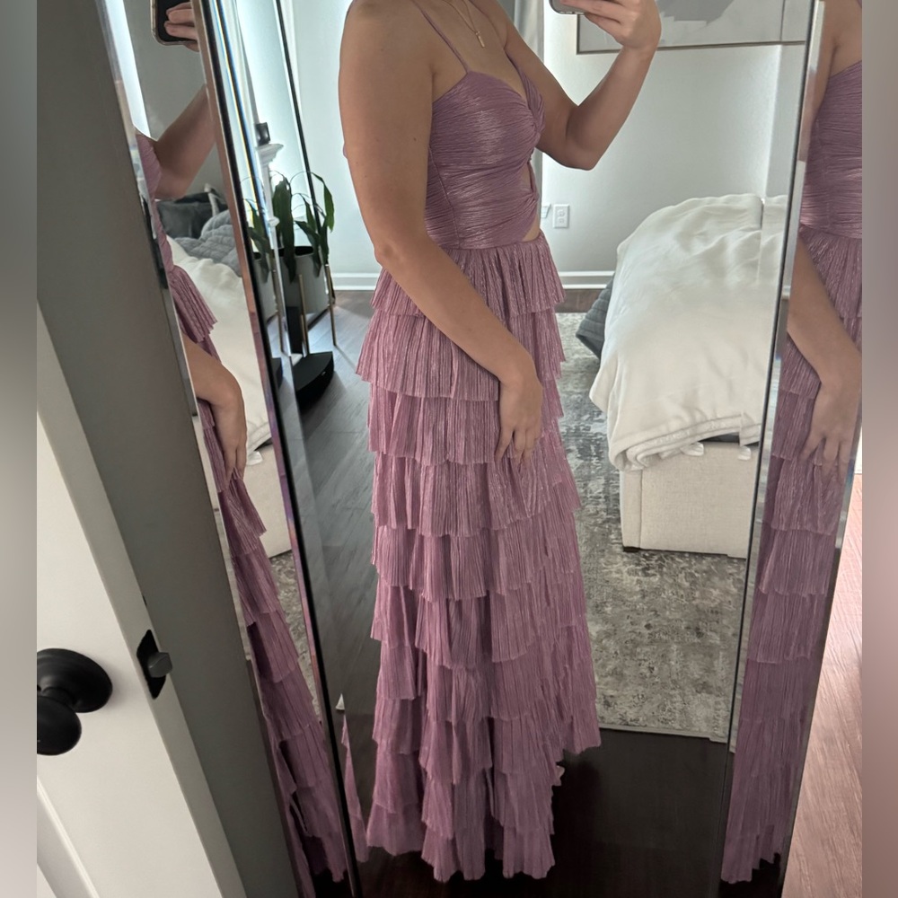 Gianni Bini Elegant Mauve Pink Purple Metallic Tiered Maxi Dress - Picture 4 of 11